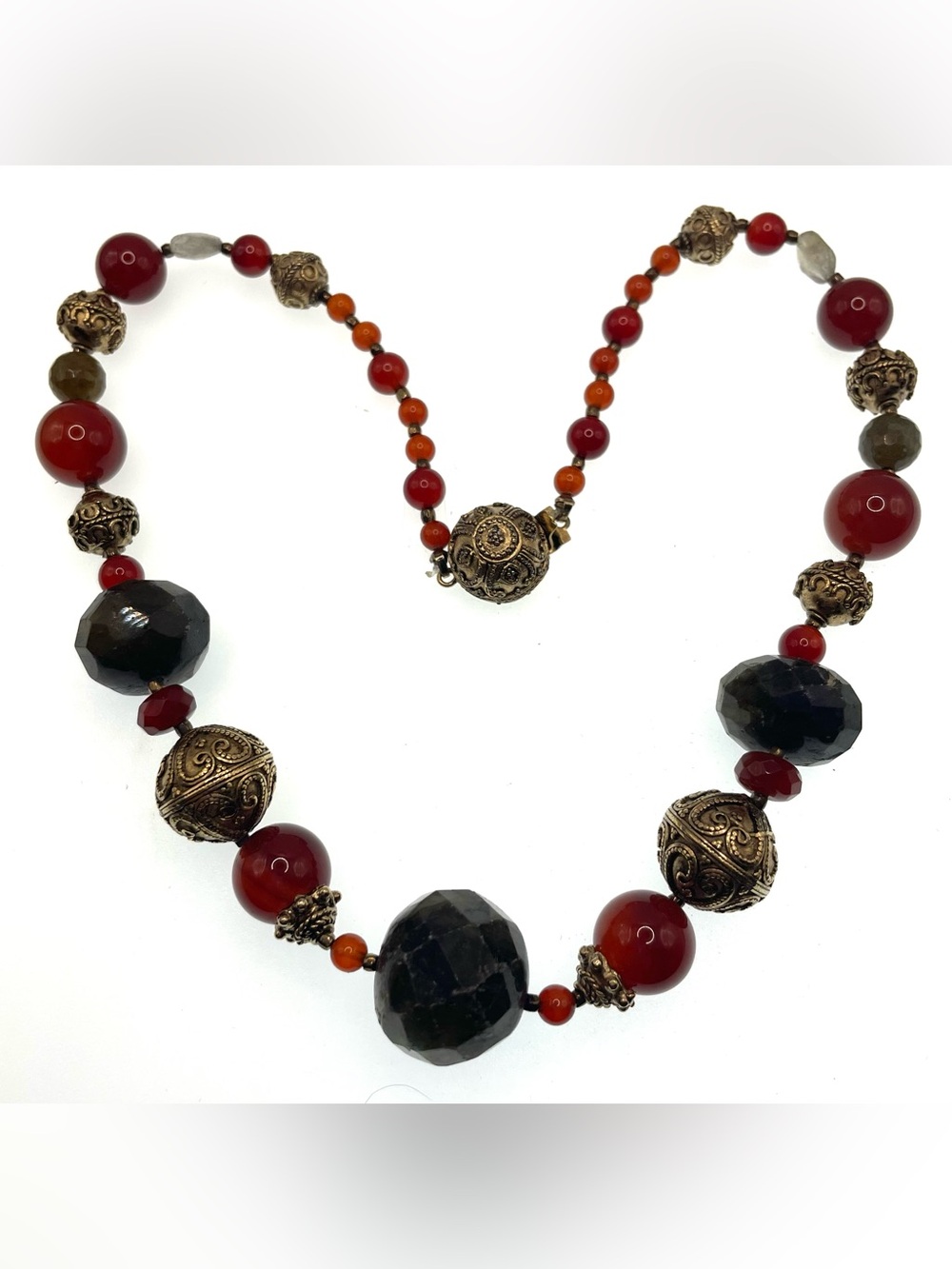 Vintage Signed Ciner Labradorite & Carnelian Agate Statement Necklace Gold Tone